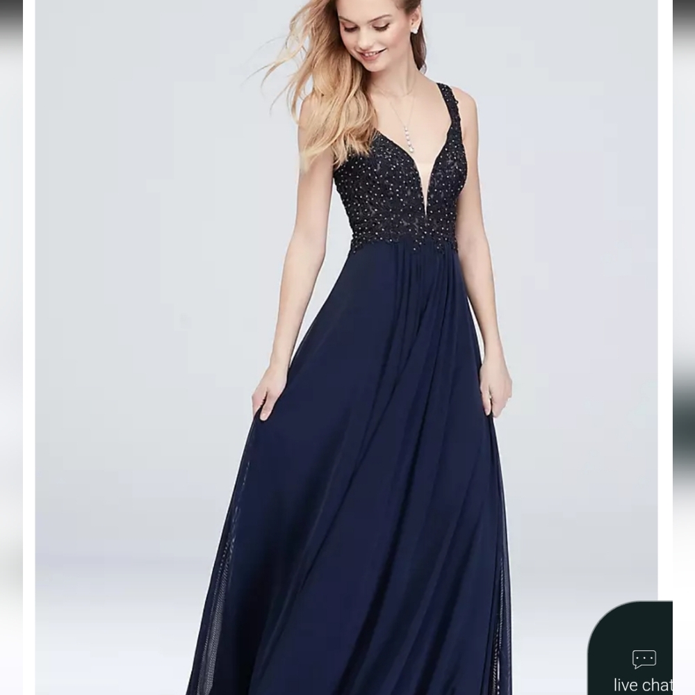 Betsy & Adam Plungung V Applique Bodice Navy Blue Evening Gown Sz 0